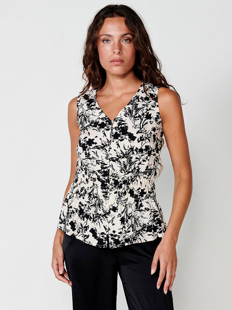 Blusa Mujer Sin Mangas Estampado Floral Escote Pico – Koroshi Blanca
