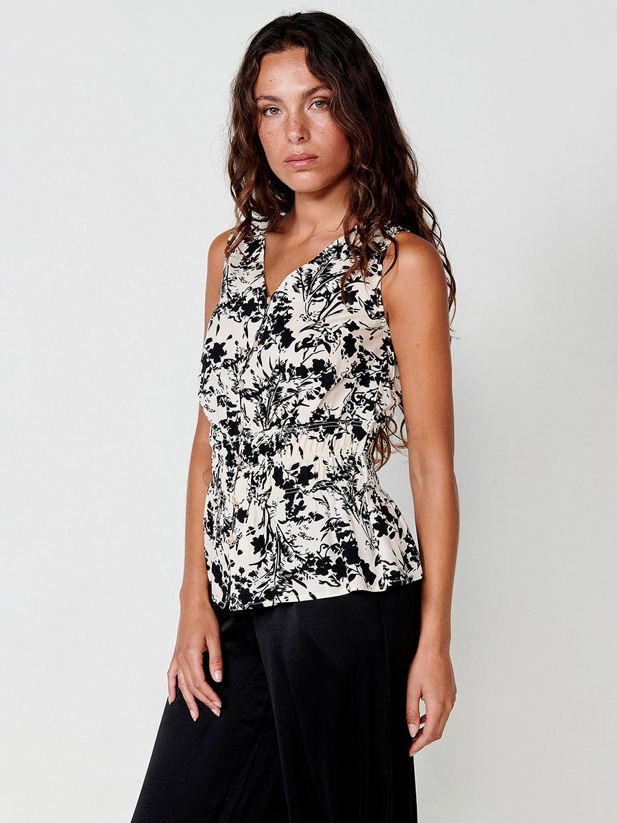 Blusa Mujer Sin Mangas Estampado Floral Escote Pico – Koroshi Blanca