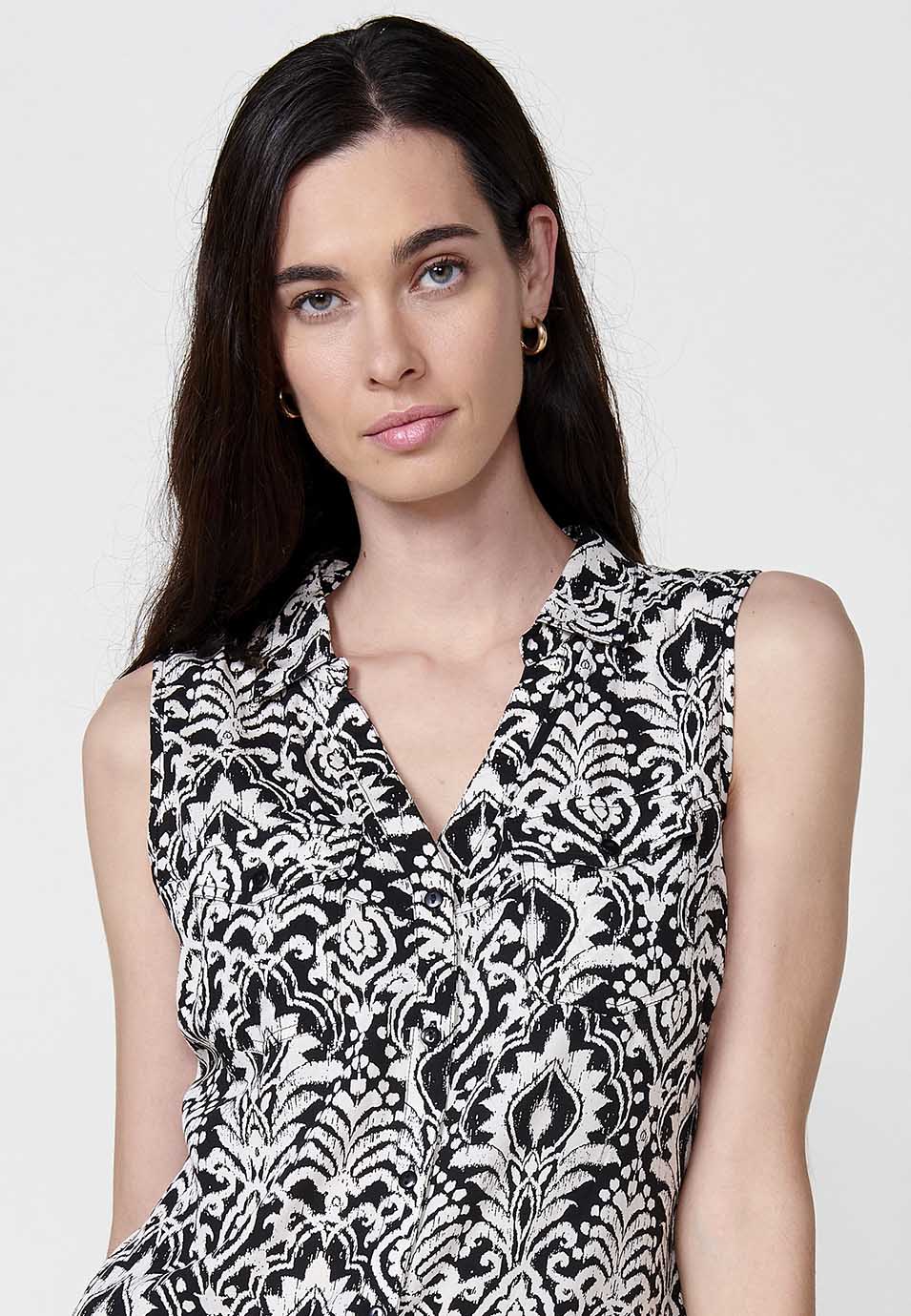 Blusa Mujer Sin Mangas Cuello Camisero Estampado Cachemir – Koroshi 2512BL78