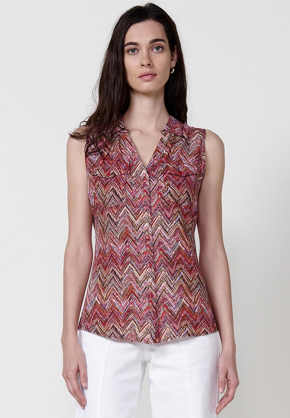 Blusa Mujer Sin Mangas Cuello Camisero Estampado Cachemir – Koroshi 2512BL78