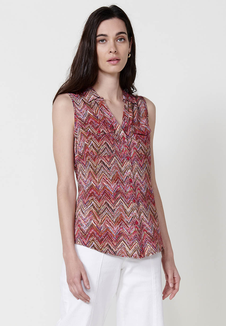 Blusa Mujer Sin Mangas Cuello Camisero Estampado Cachemir – Koroshi 2512BL78