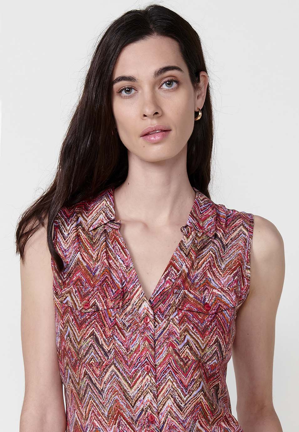 Blusa Mujer Sin Mangas Cuello Camisero Estampado Cachemir – Koroshi 2512BL78