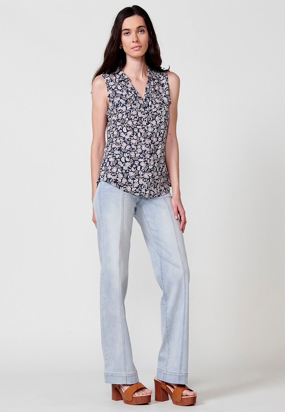 Blusa Mujer Sin Mangas Cuello Camisero Estampado Cachemir – Koroshi 2512BL78