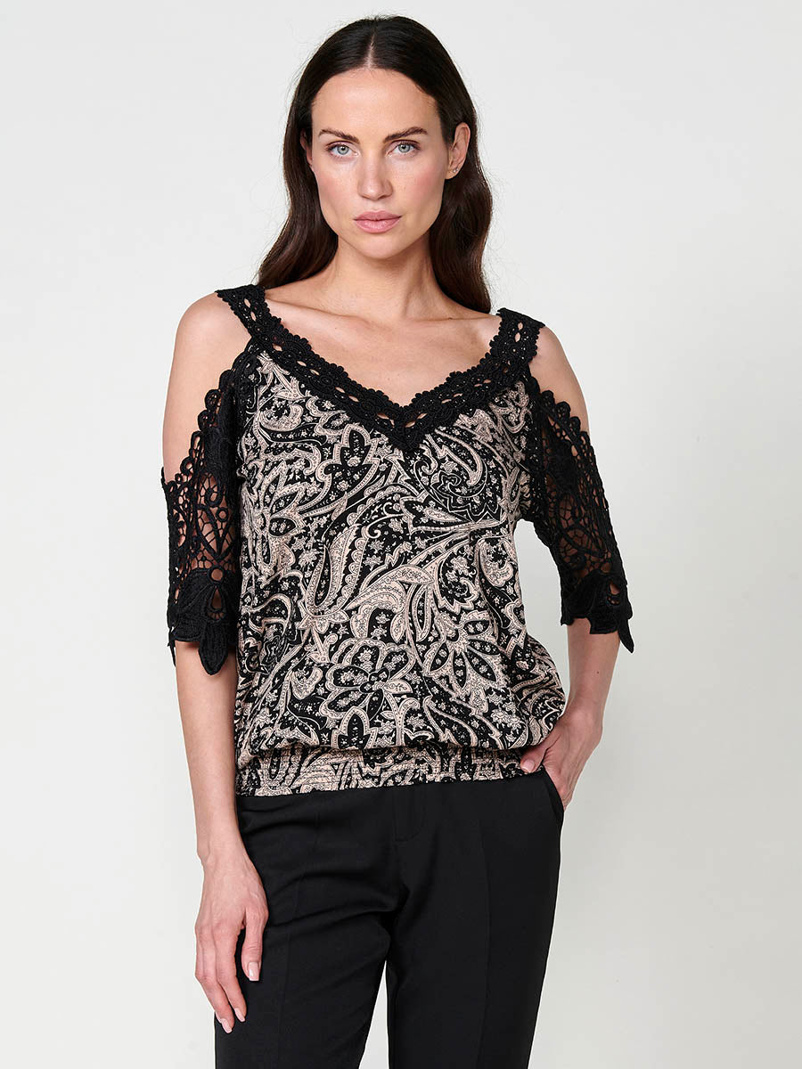 Blusa Mujer Hombros Descubiertos Estampado Cachemir – Koroshi Negra