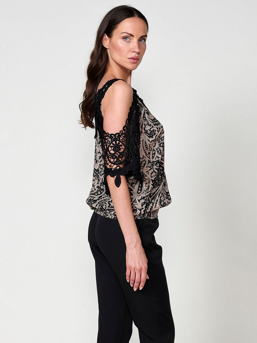Blusa Mujer Hombros Descubiertos Estampado Cachemir – Koroshi Negra