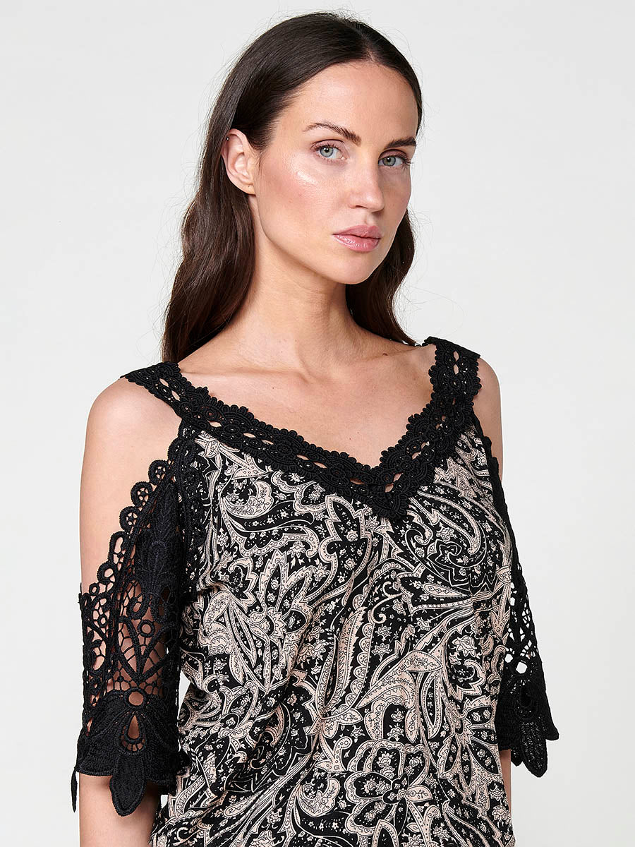 Blusa Mujer Hombros Descubiertos Estampado Cachemir – Koroshi Negra