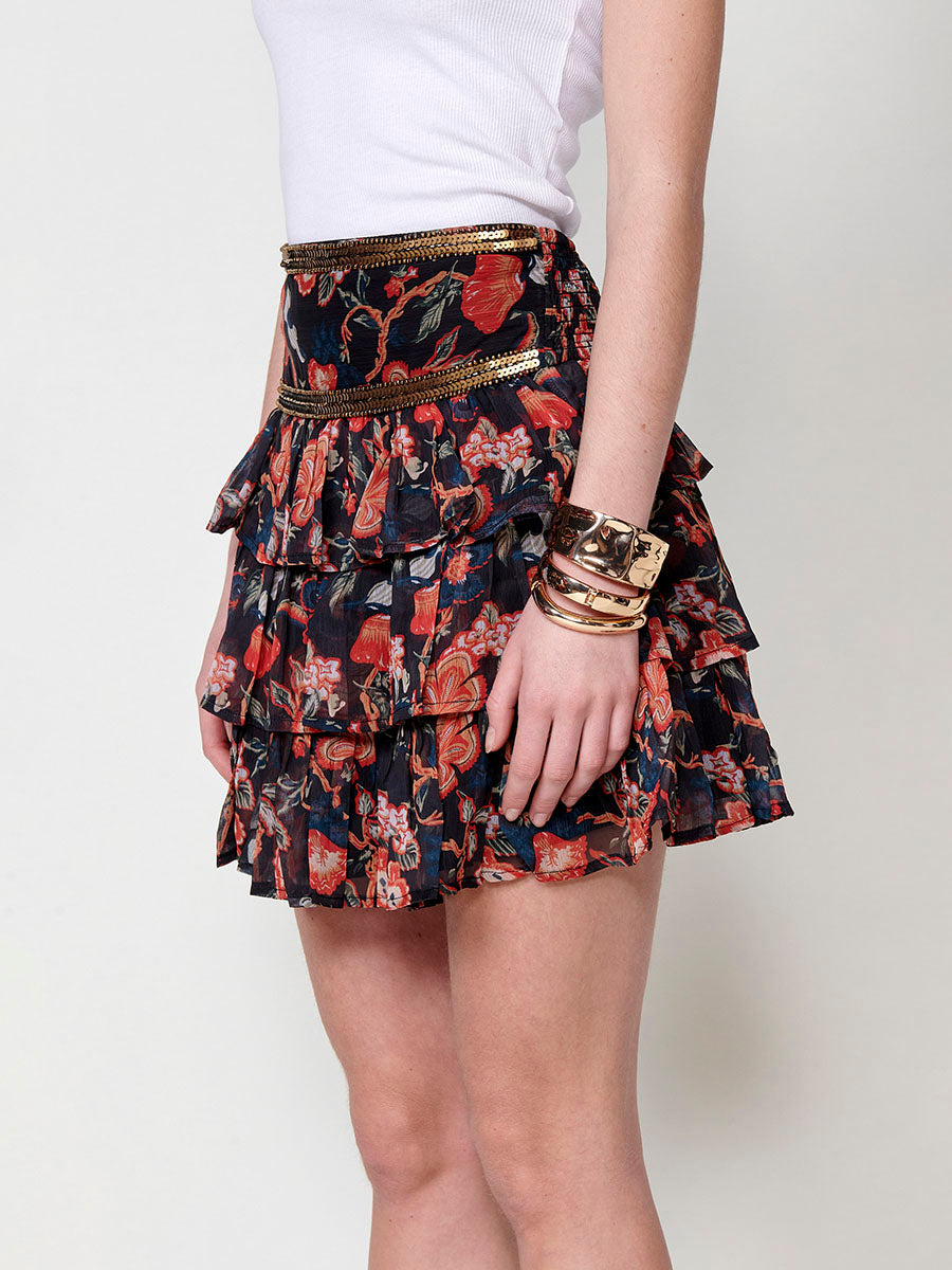 Falda corta Mujer de volantes con estampado floral y lentejuelas – Koroshi multicolor