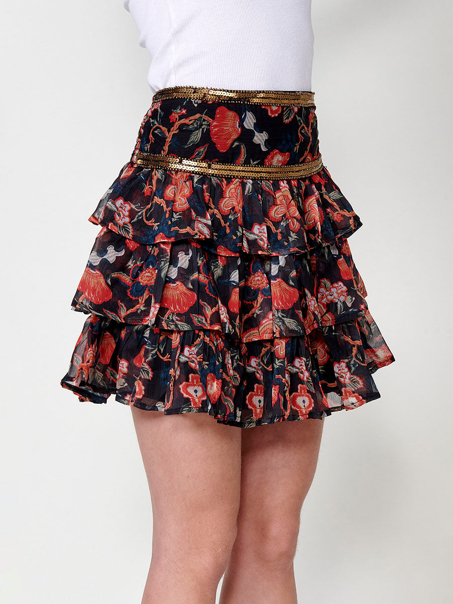 Falda corta Mujer de volantes con estampado floral y lentejuelas – Koroshi multicolor