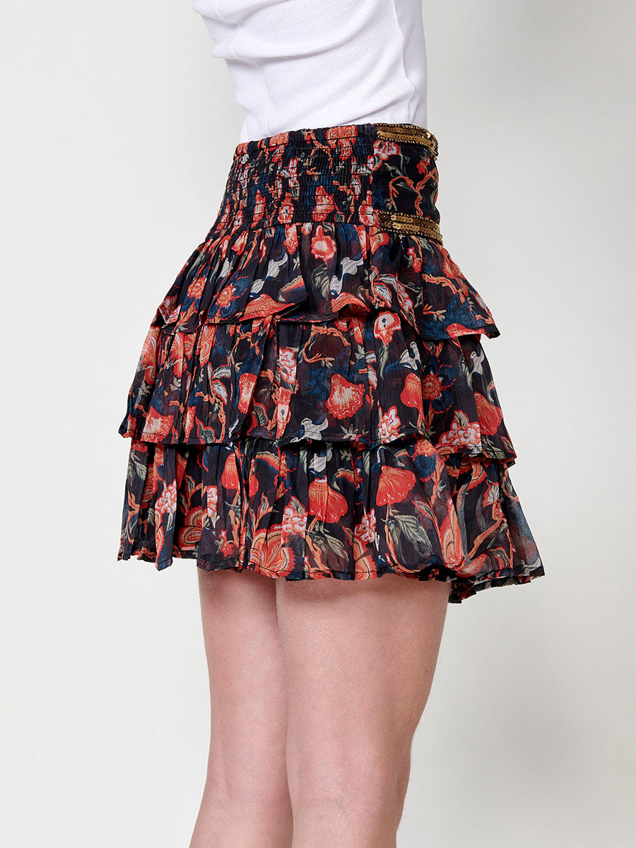 Falda corta Mujer de volantes con estampado floral y lentejuelas – Koroshi multicolor