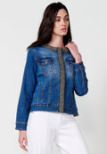 Chaqueta vaquera Mujer denim cuello redondo con pedrería manga larga – Koroshi denim oscura