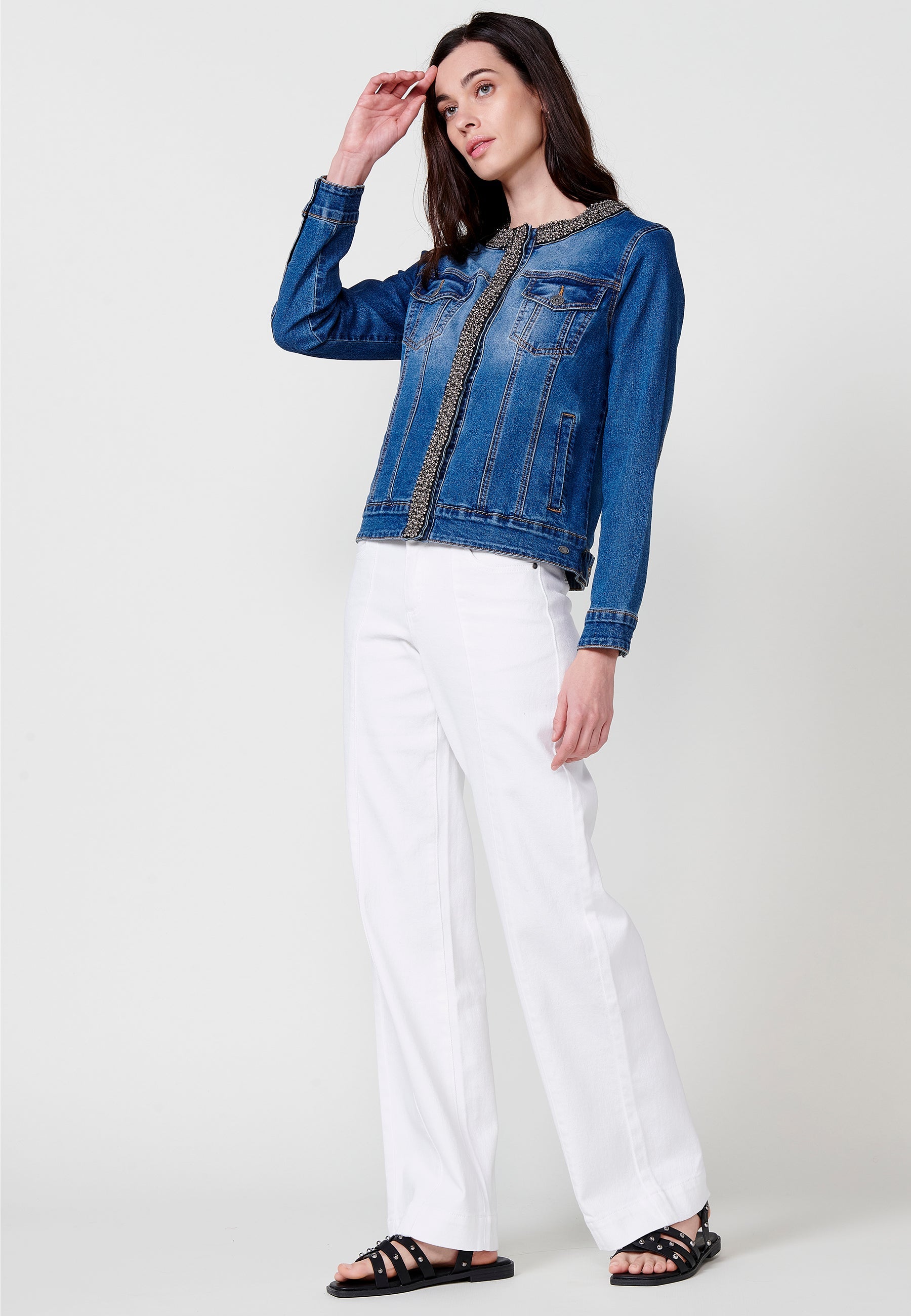 Chaqueta vaquera Mujer denim cuello redondo con pedrería manga larga – Koroshi denim oscura