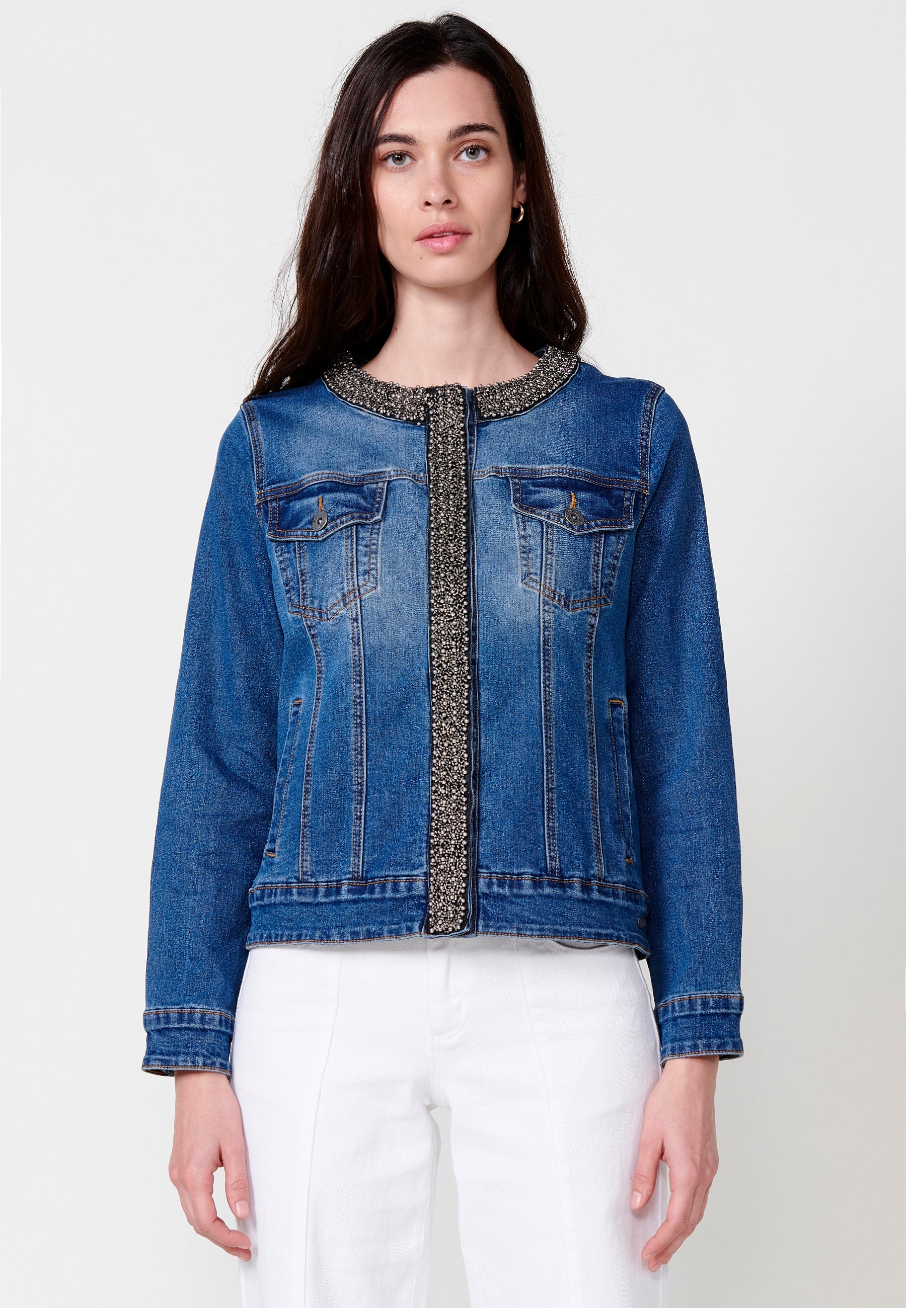 Chaqueta vaquera Mujer denim cuello redondo con pedrería manga larga – Koroshi denim oscura