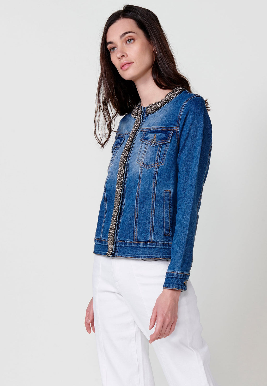 Chaqueta vaquera Mujer denim cuello redondo con pedrería manga larga – Koroshi denim oscura