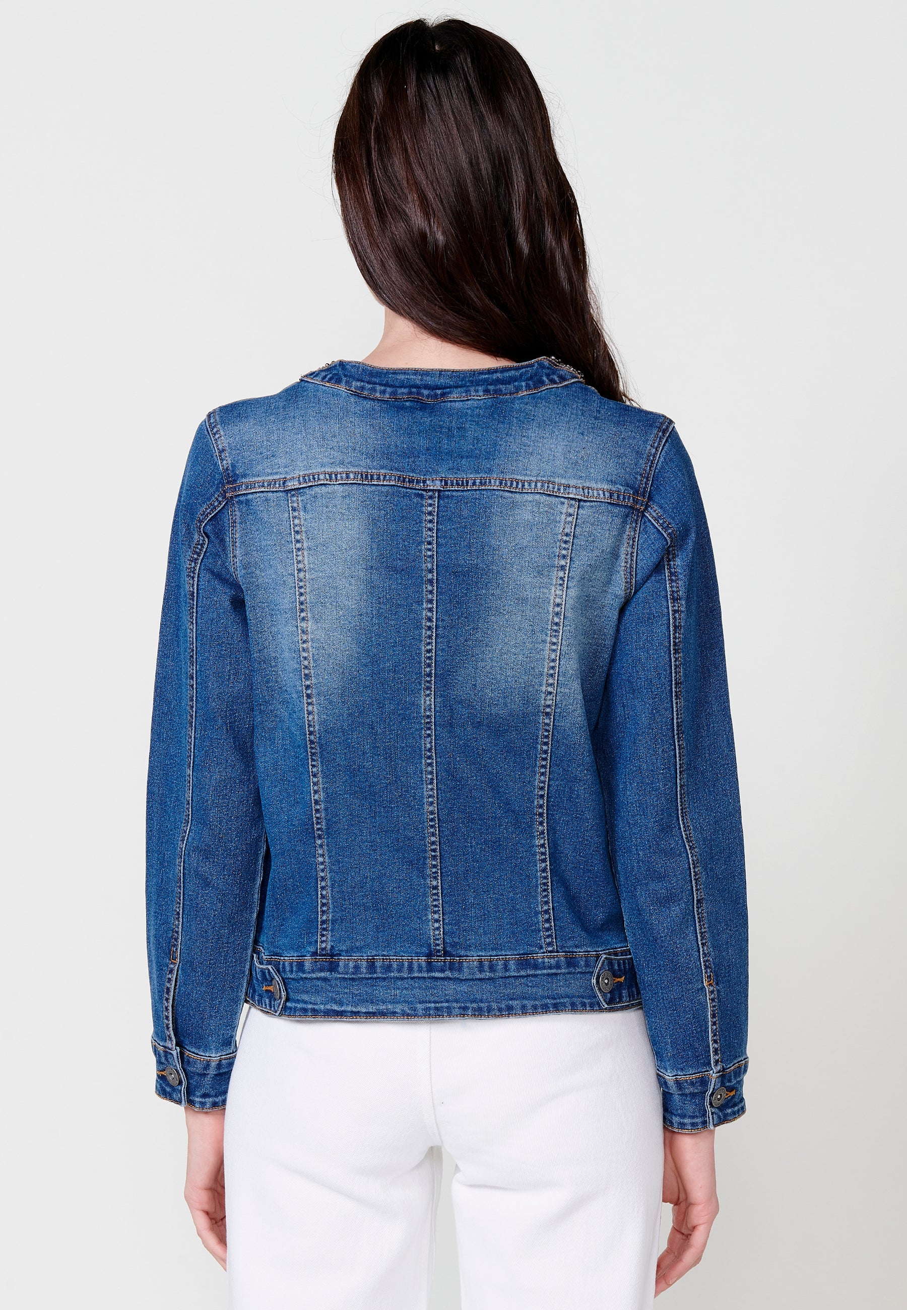 Chaqueta vaquera Mujer denim cuello redondo con pedrería manga larga – Koroshi denim oscura
