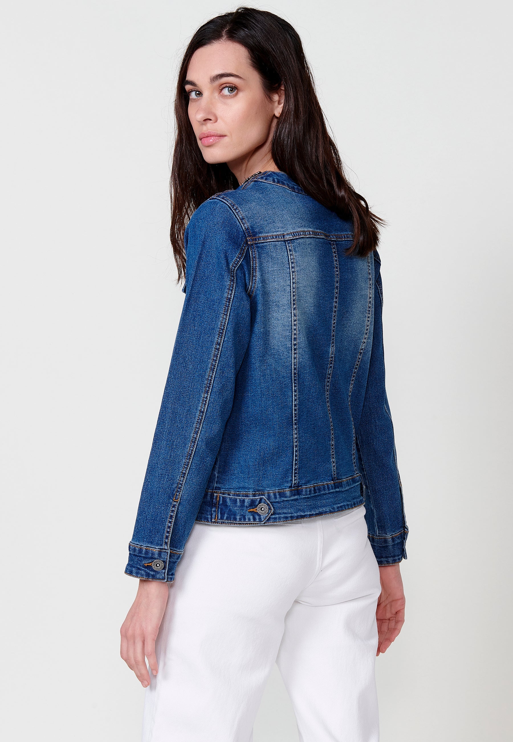 Chaqueta vaquera Mujer denim cuello redondo con pedrería manga larga – Koroshi denim oscura