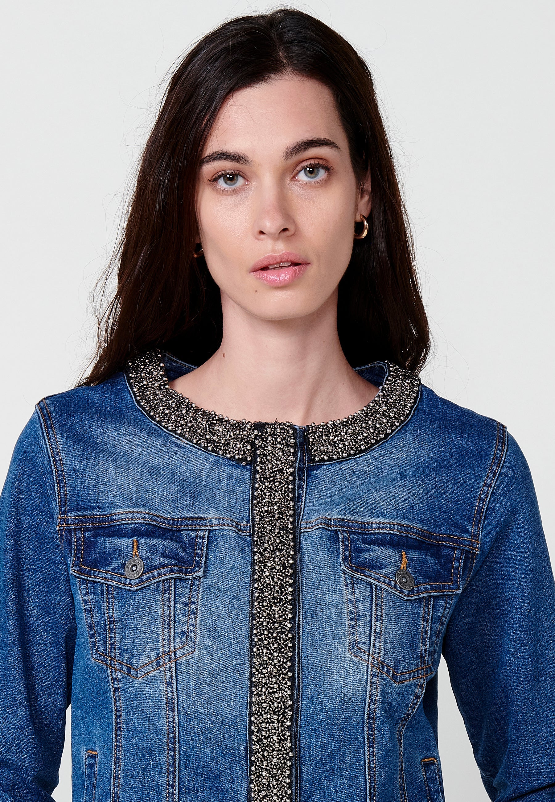 Chaqueta vaquera Mujer denim cuello redondo con pedrería manga larga – Koroshi denim oscura