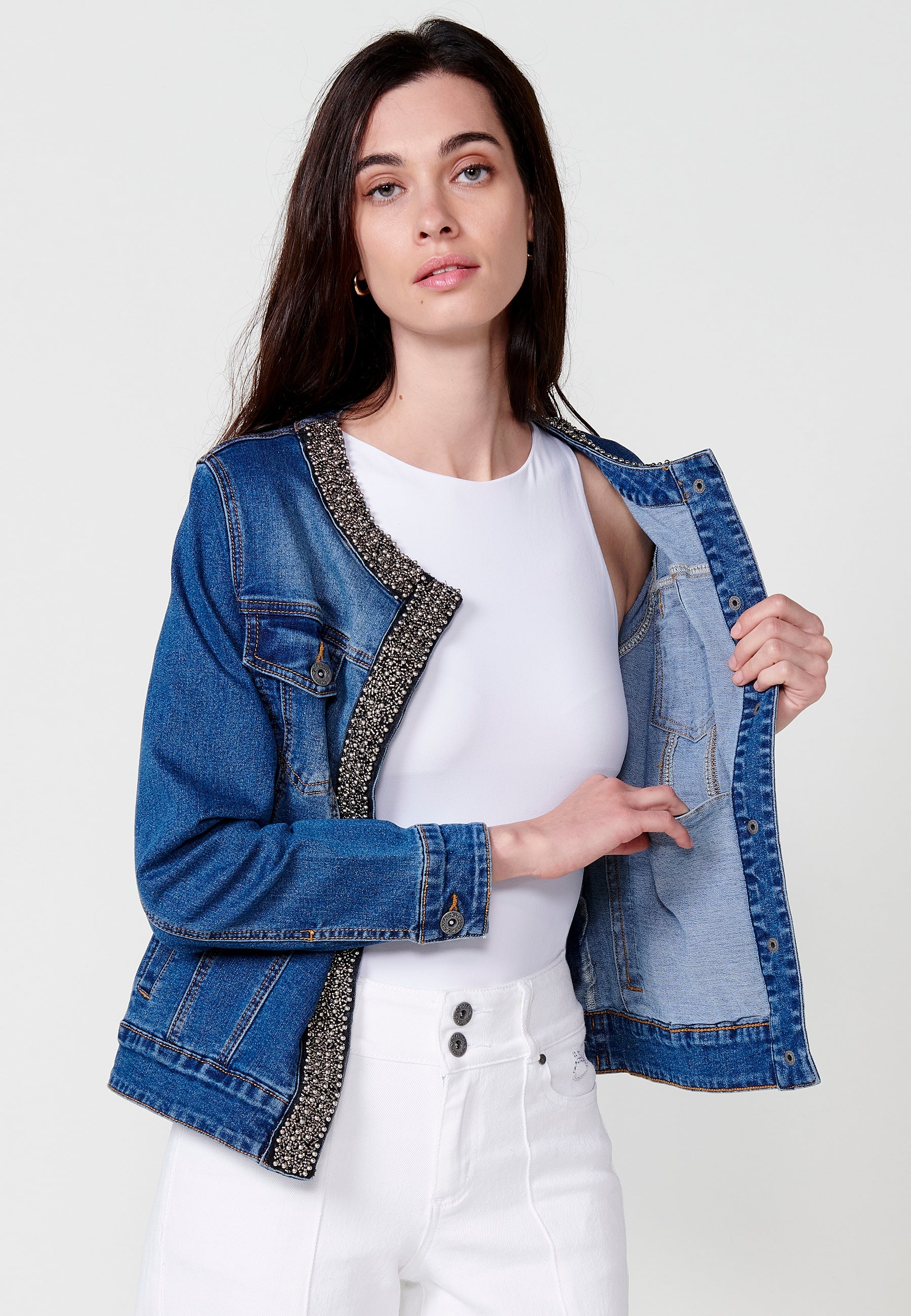 Chaqueta vaquera Mujer denim cuello redondo con pedrería manga larga – Koroshi denim oscura
