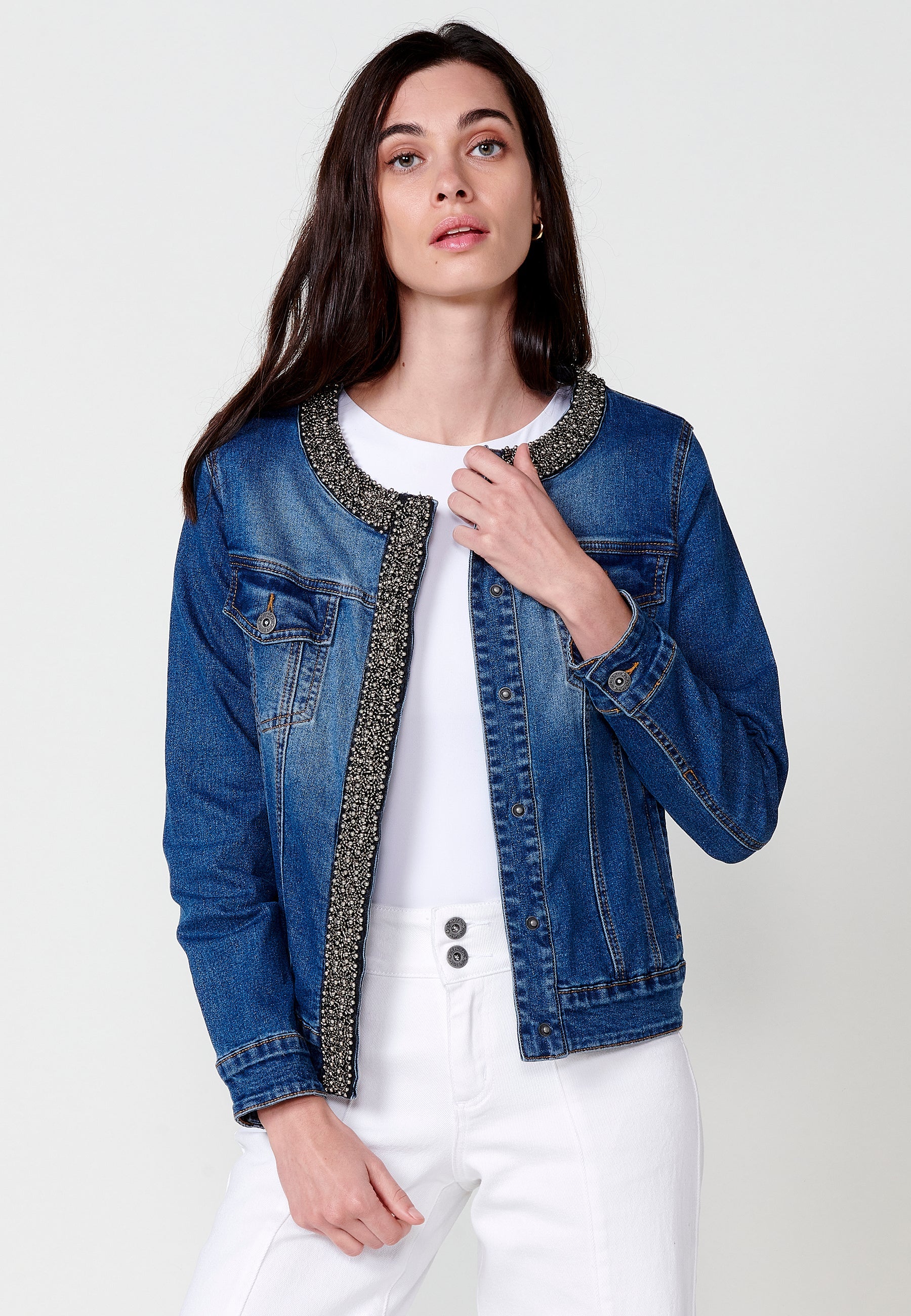 Chaqueta vaquera Mujer denim cuello redondo con pedrería manga larga – Koroshi denim oscura