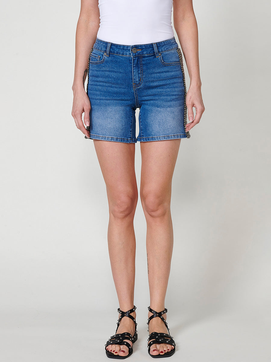 Short vaquero Mujer efecto lavado con bordado de pedrería lateral – Koroshi azul