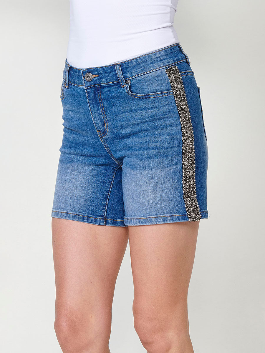 Short vaquero Mujer efecto lavado con bordado de pedrería lateral – Koroshi azul