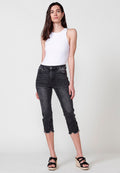 Pantalón pirata Mujer denim doble push up con bordado floral – Koroshi denim negro
