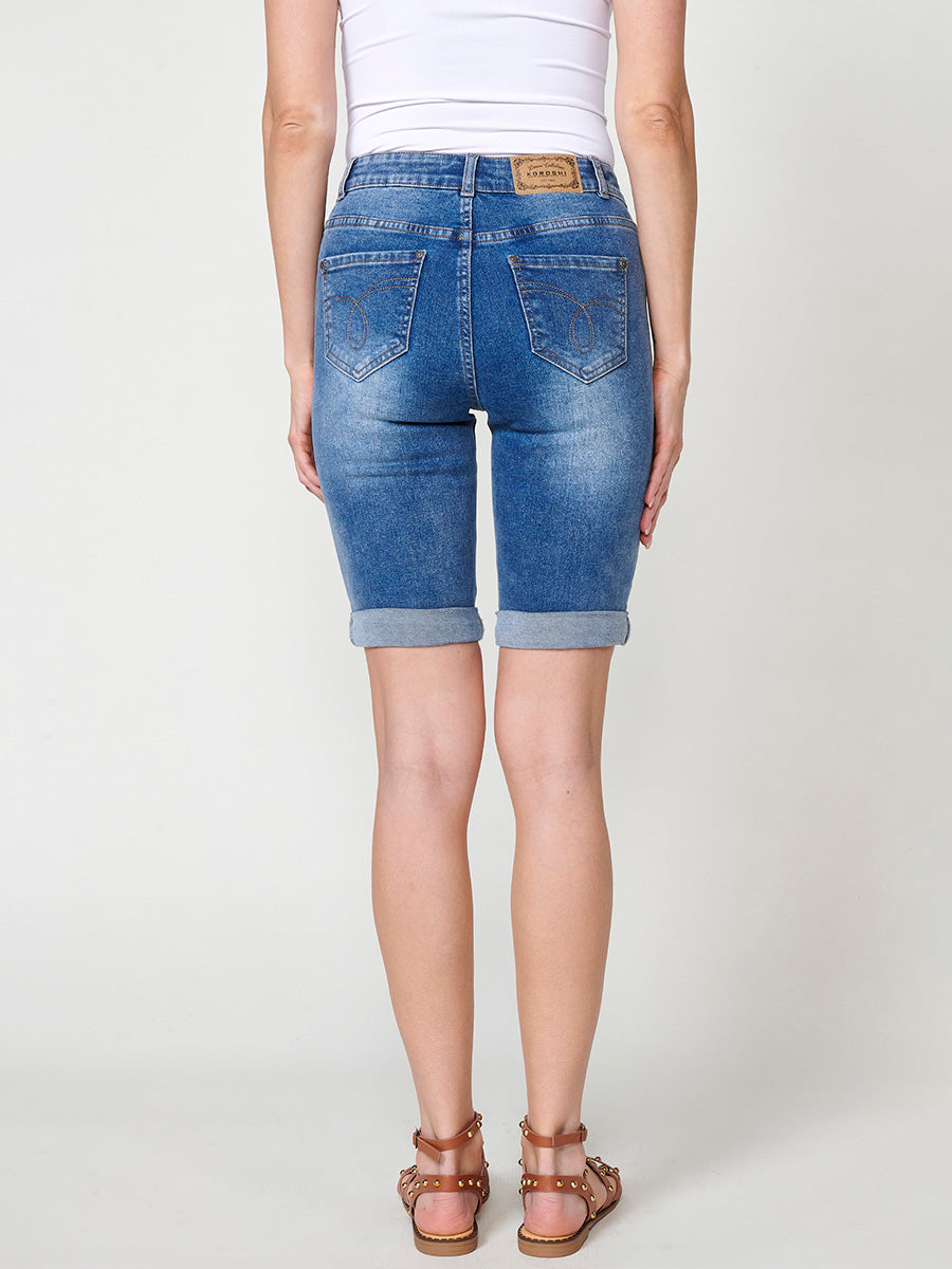 Short vaquero Mujer denim con pañuelo en la cintura y bordado floral – Koroshi azul