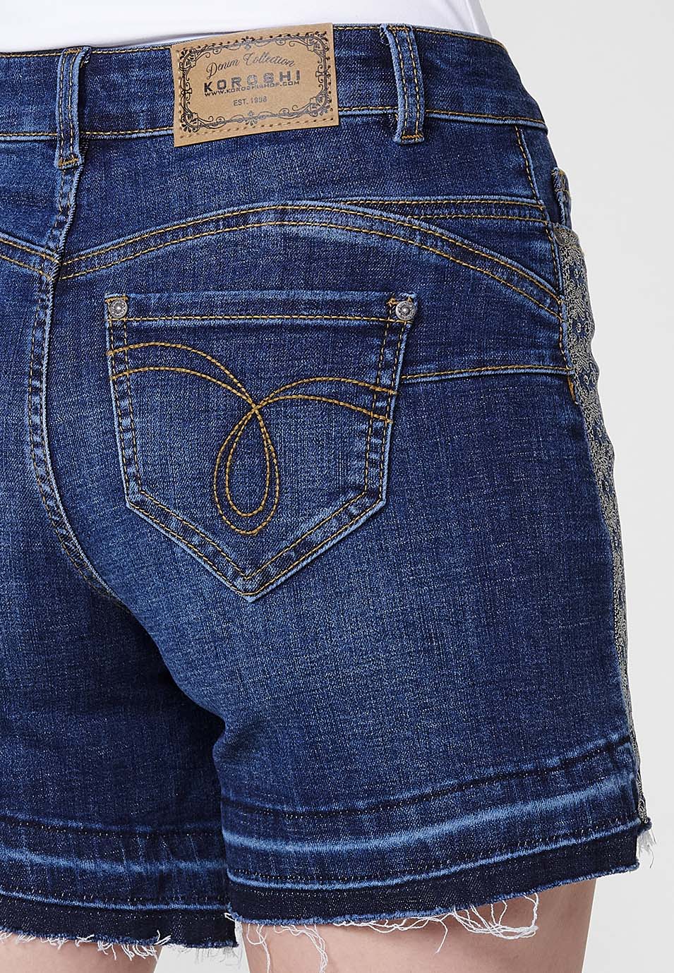 Short vaquero Mujer denim push up con cenefa bordada – Koroshi azul oscuro