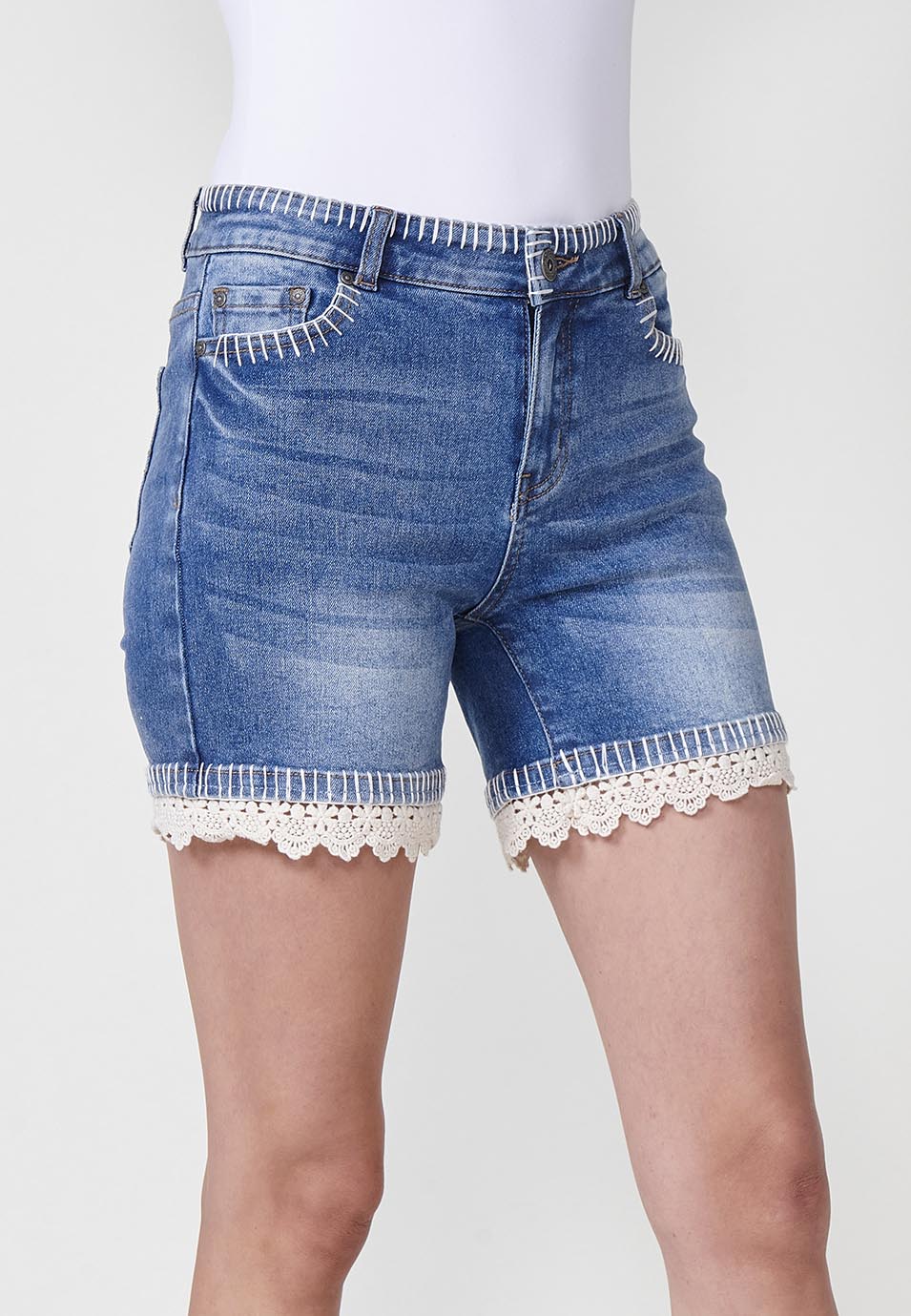 Short vaquero Mujer denim con pespuntes a mano – Koroshi azul