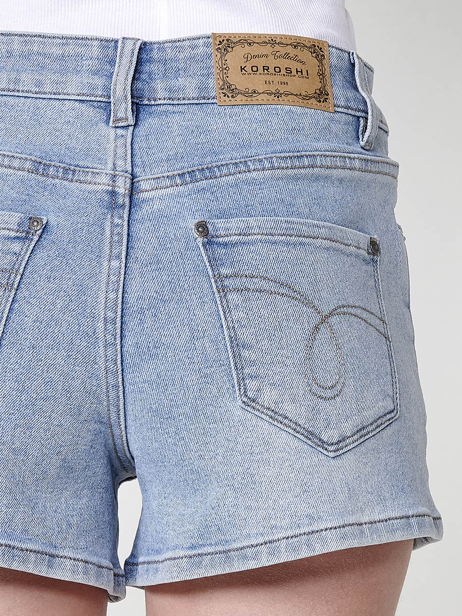 Short vaquero Mujer denim con cenefa étnica bordada y brillos – Koroshi 2512PS82