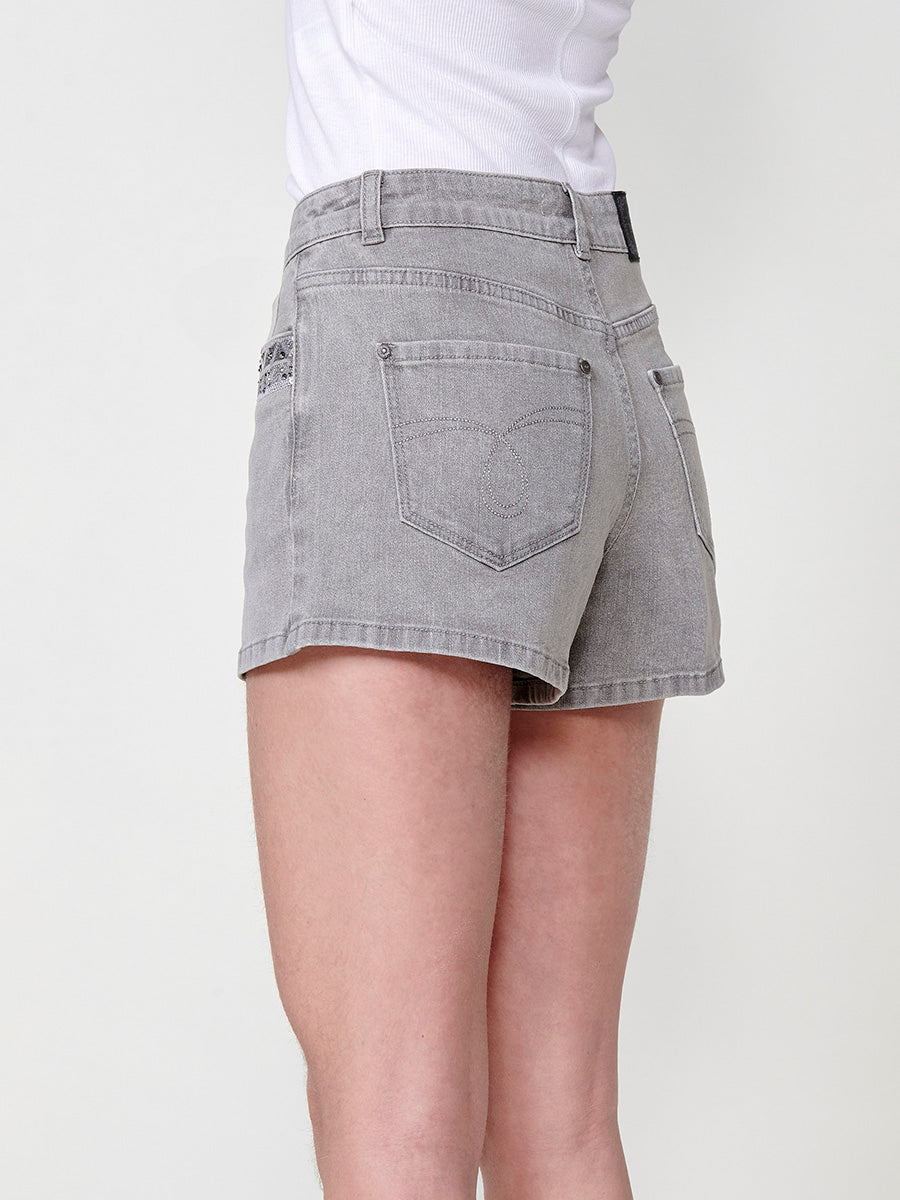 Short vaquero Mujer denim con cenefa étnica bordada y brillos – Koroshi 2512PS82
