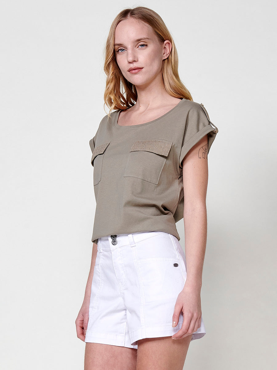 Camiseta Mujer Manga Corta Algodón Bolsillo Frontal – Koroshi 2512TP16