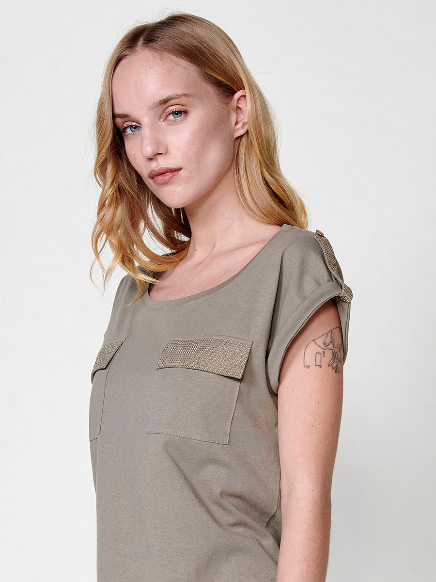 Camiseta Mujer Manga Corta Algodón Bolsillo Frontal – Koroshi 2512TP16