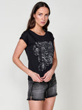 Camiseta Mujer con estampado animal en foil y blonda – Koroshi negra