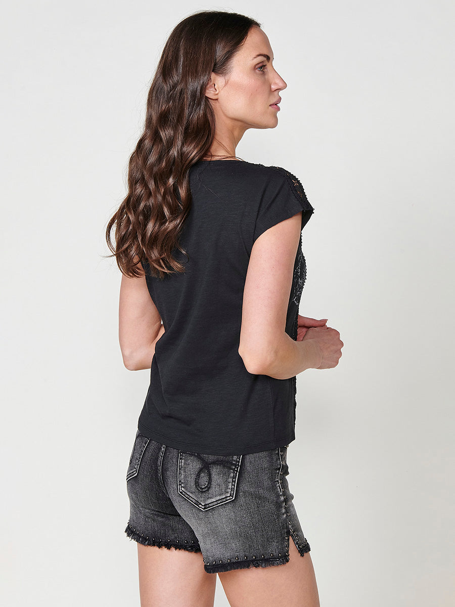 Camiseta Mujer con estampado animal en foil y blonda – Koroshi negra
