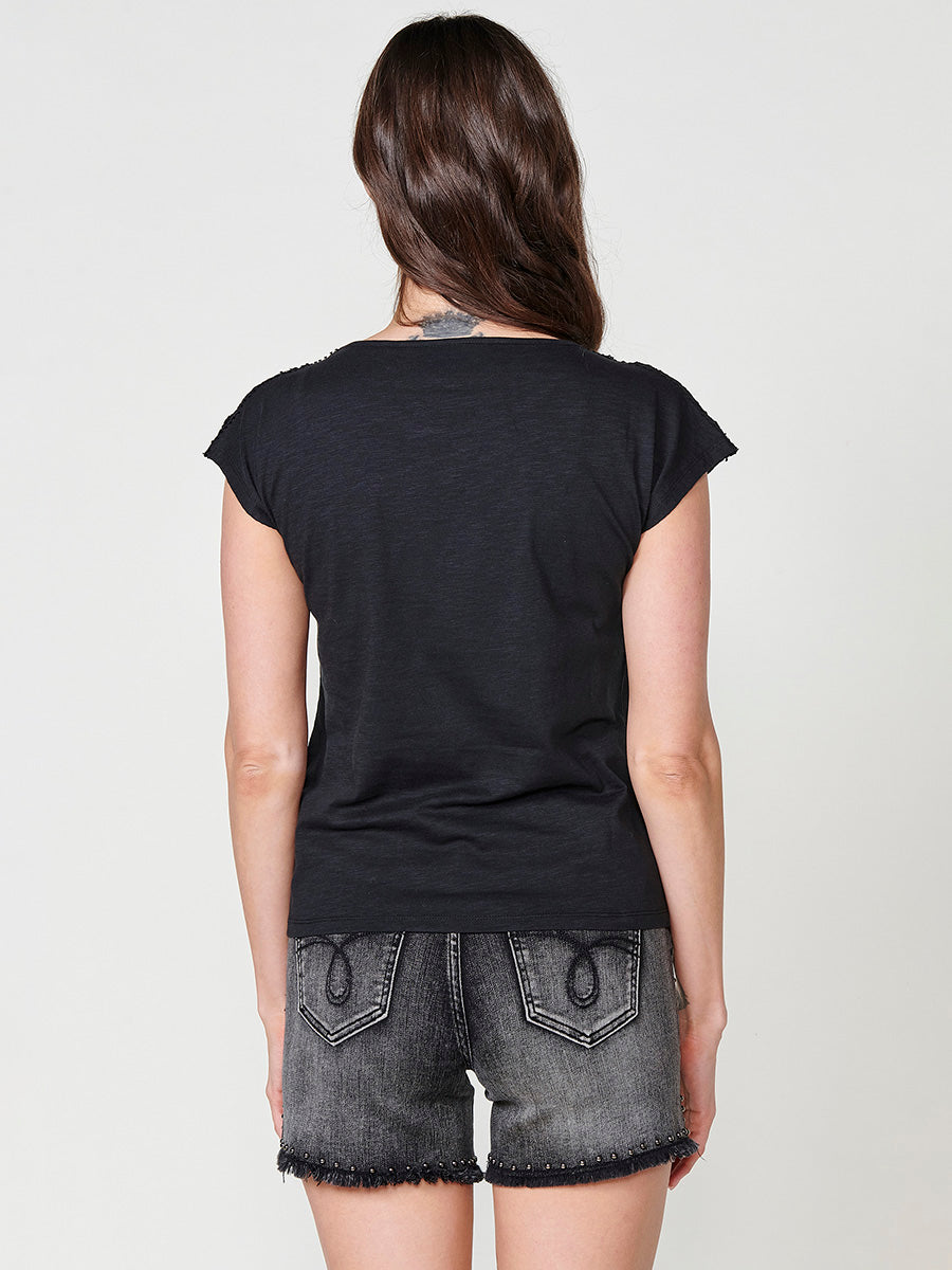 Camiseta Mujer con estampado animal en foil y blonda – Koroshi negra
