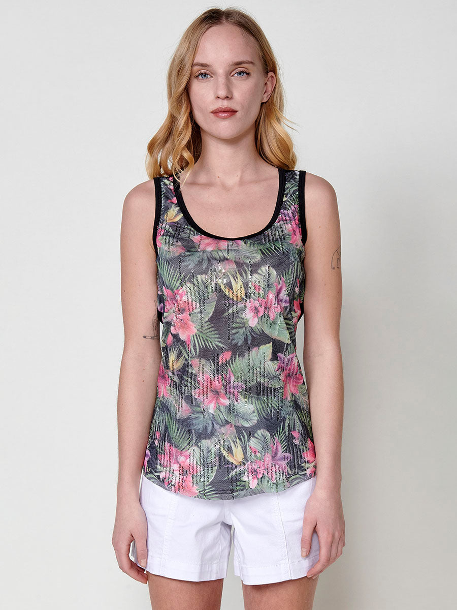 Top Mujer sin mangas de tul con estampado floral y lentejuelas – Koroshi negro