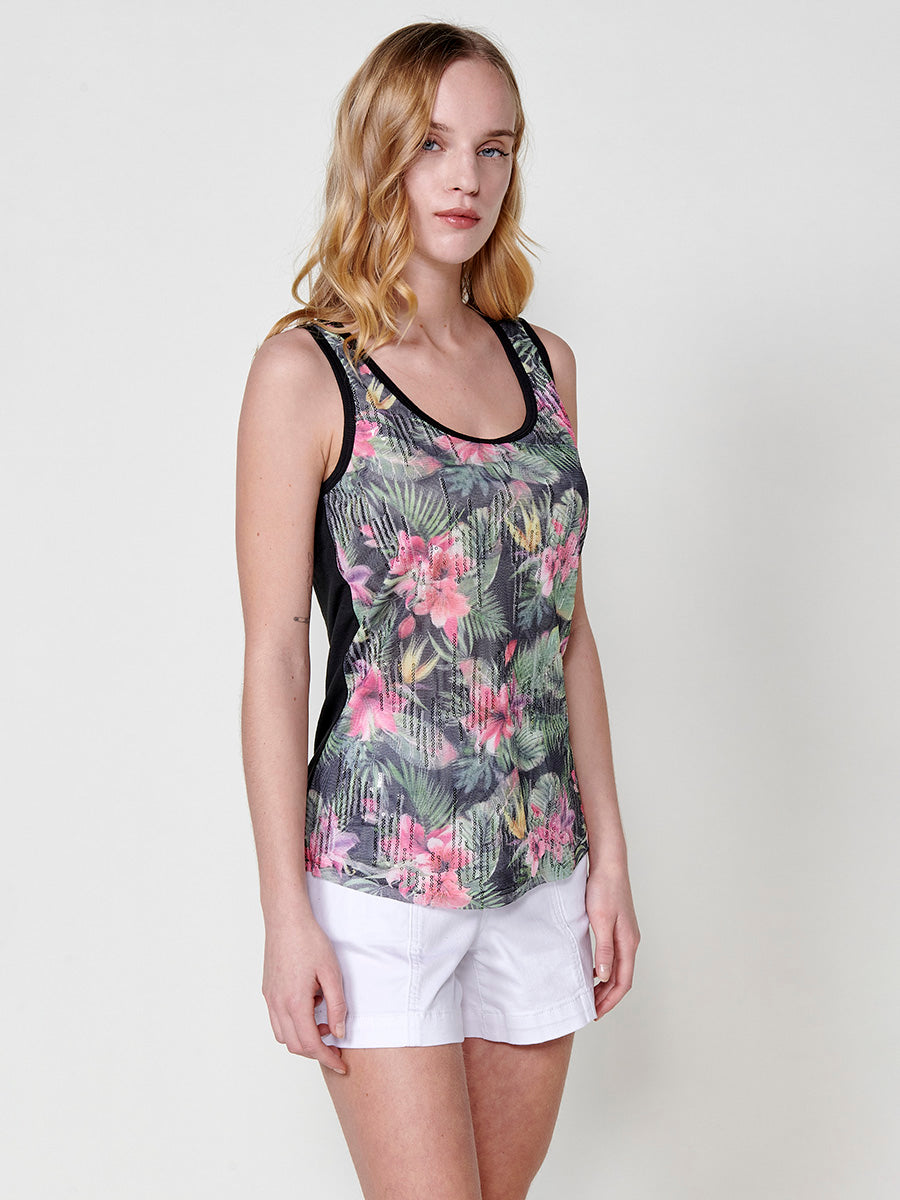 Top Mujer sin mangas de tul con estampado floral y lentejuelas – Koroshi negro