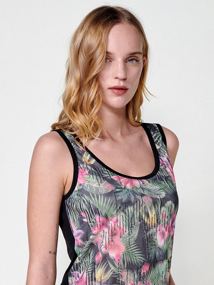 Top Mujer sin mangas de tul con estampado floral y lentejuelas – Koroshi negro