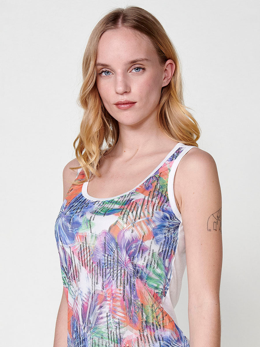 Top Mujer sin mangas de tul con estampado floral y lentejuelas – Koroshi blanco