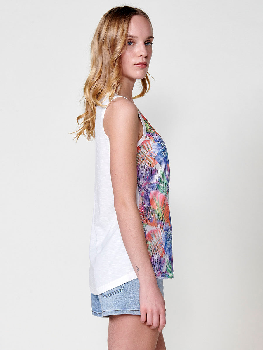 Top Mujer sin mangas de tul con estampado floral y lentejuelas – Koroshi blanco