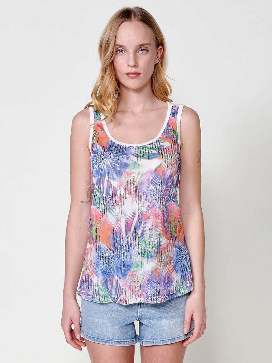 Top Mujer sin mangas de tul con estampado floral y lentejuelas – Koroshi blanco