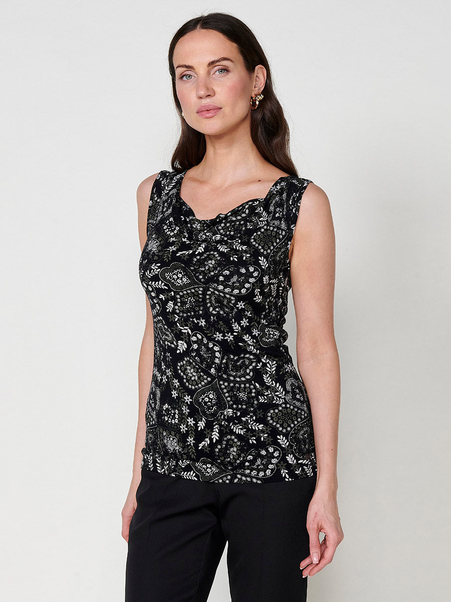 Top Mujer sin mangas de cuello drapeado con estampado floral – Koroshi negro
