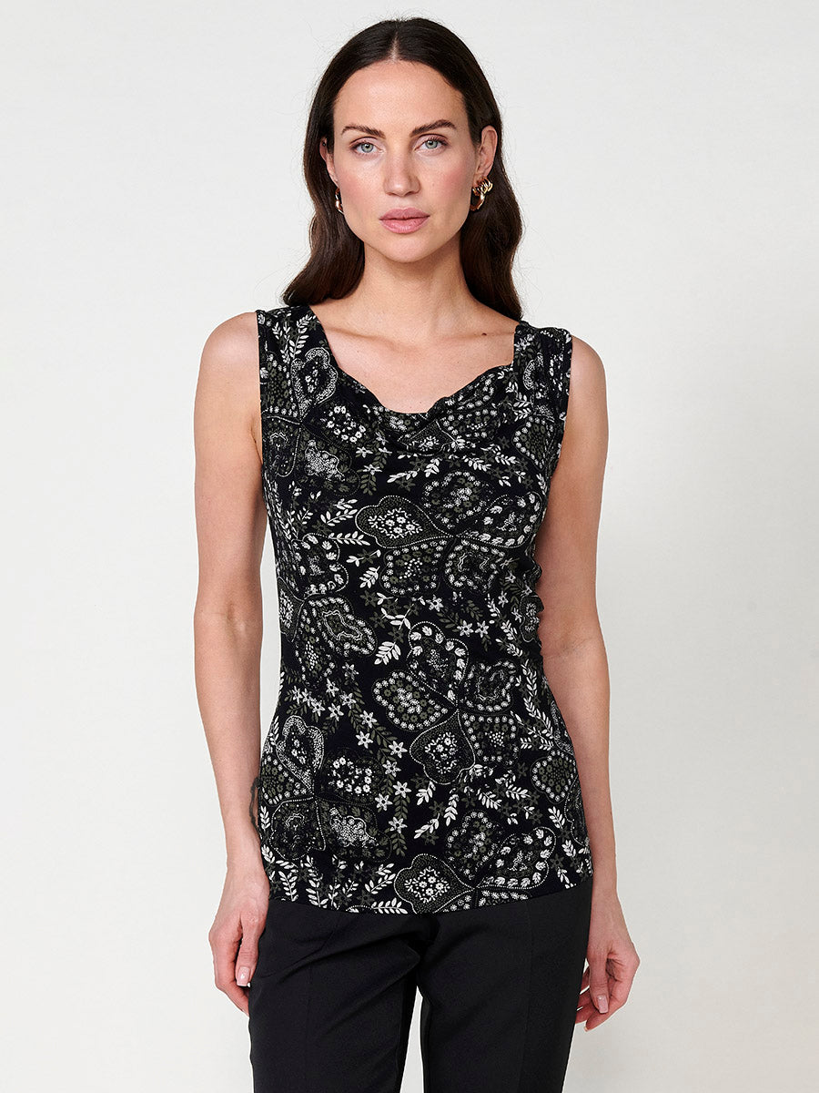 Top Mujer sin mangas de cuello drapeado con estampado floral – Koroshi negro