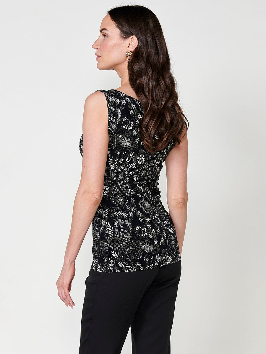 Top Mujer sin mangas de cuello drapeado con estampado floral – Koroshi negro