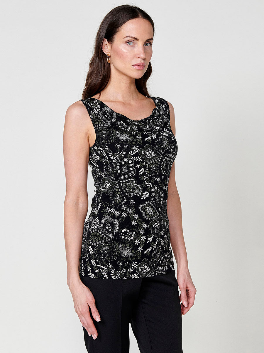 Top Mujer sin mangas de cuello drapeado con estampado floral – Koroshi negro