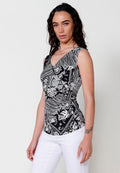 Top sin mangas mujer escote cruzado fruncido estampado patch – Koröshi Negro
