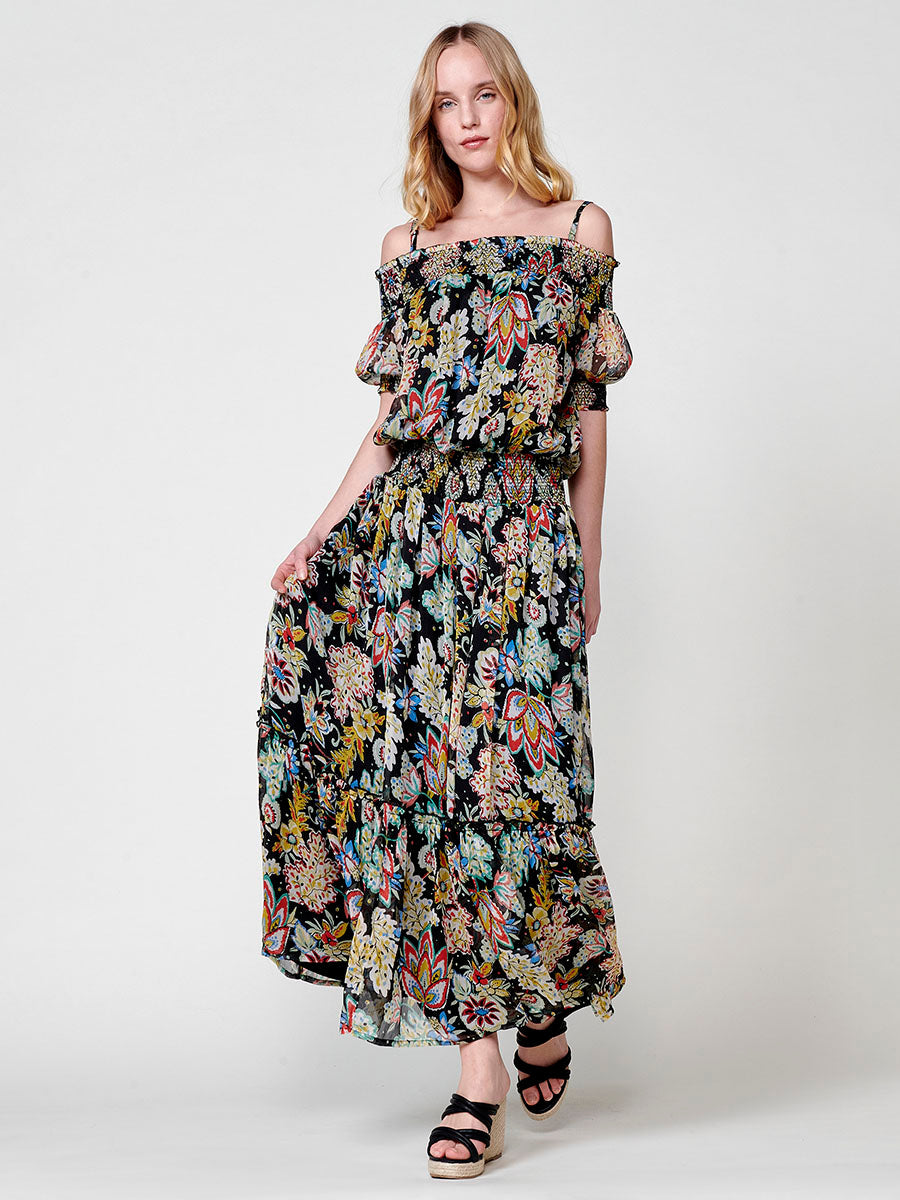 Vestido Mujer largo de gasa estampado floral – Koroshi negro