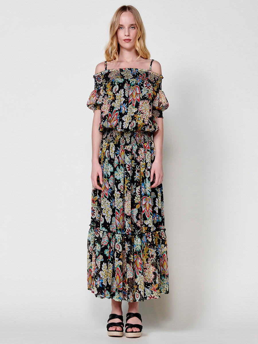 Vestido Mujer largo de gasa estampado floral – Koroshi negro