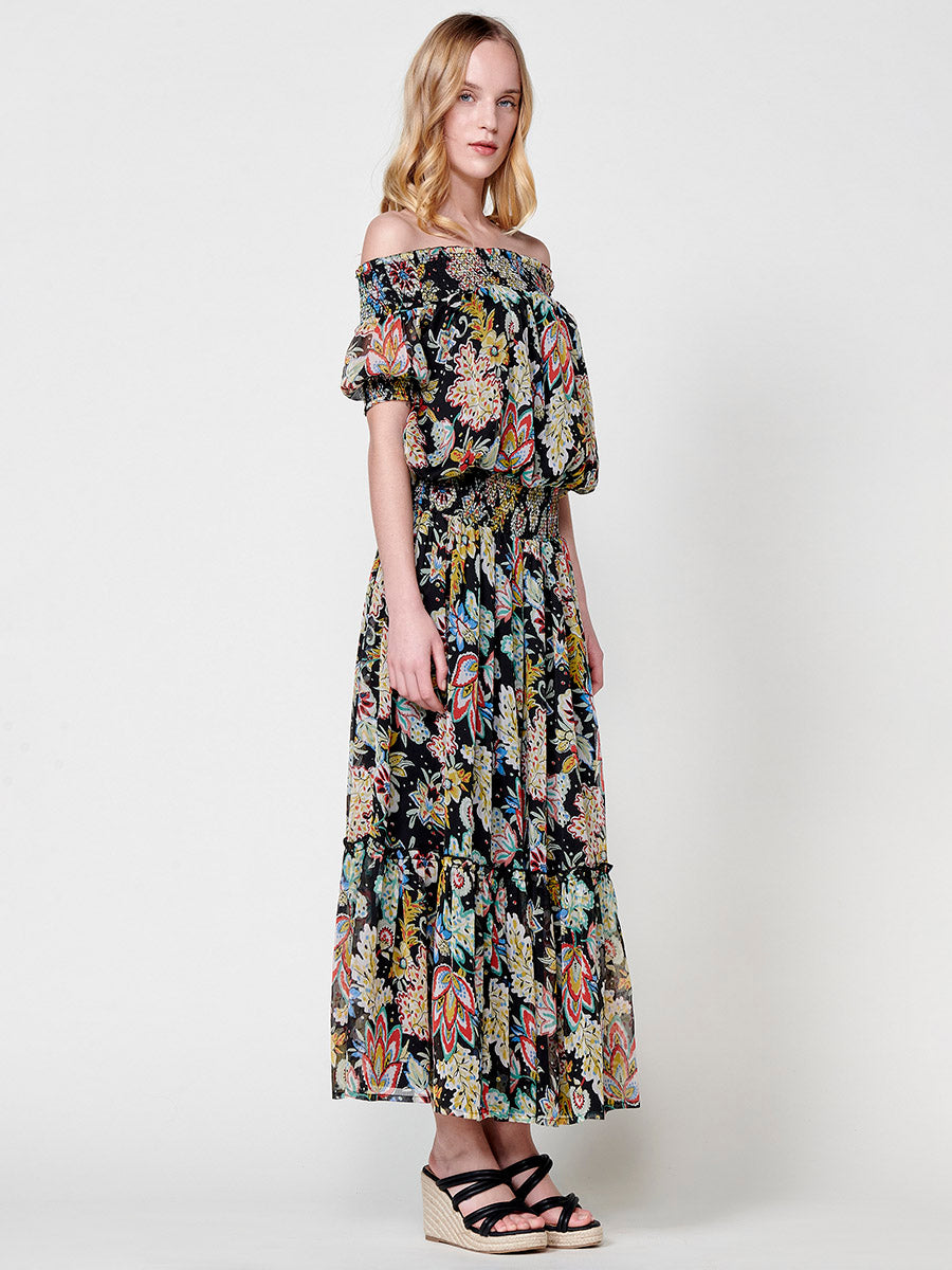 Vestido Mujer largo de gasa estampado floral – Koroshi negro