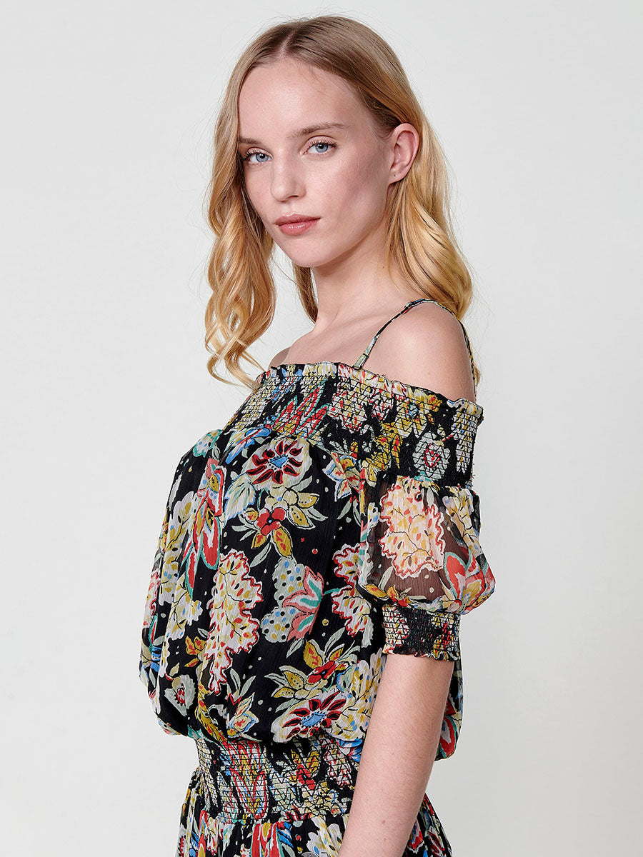 Vestido Mujer largo de gasa estampado floral – Koroshi negro